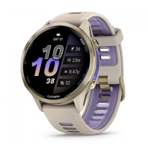 Смарт-годинник Garmin Forerunner 970 із золотистим титановим безелем, сірим корпусом і ремінцем кольору французький сірий/індиго