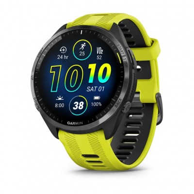 Garmin Forerunner 965 Carbon Gray DLC Titanium Bezel with Black Case and Amp Yellow/Black Silicone Band